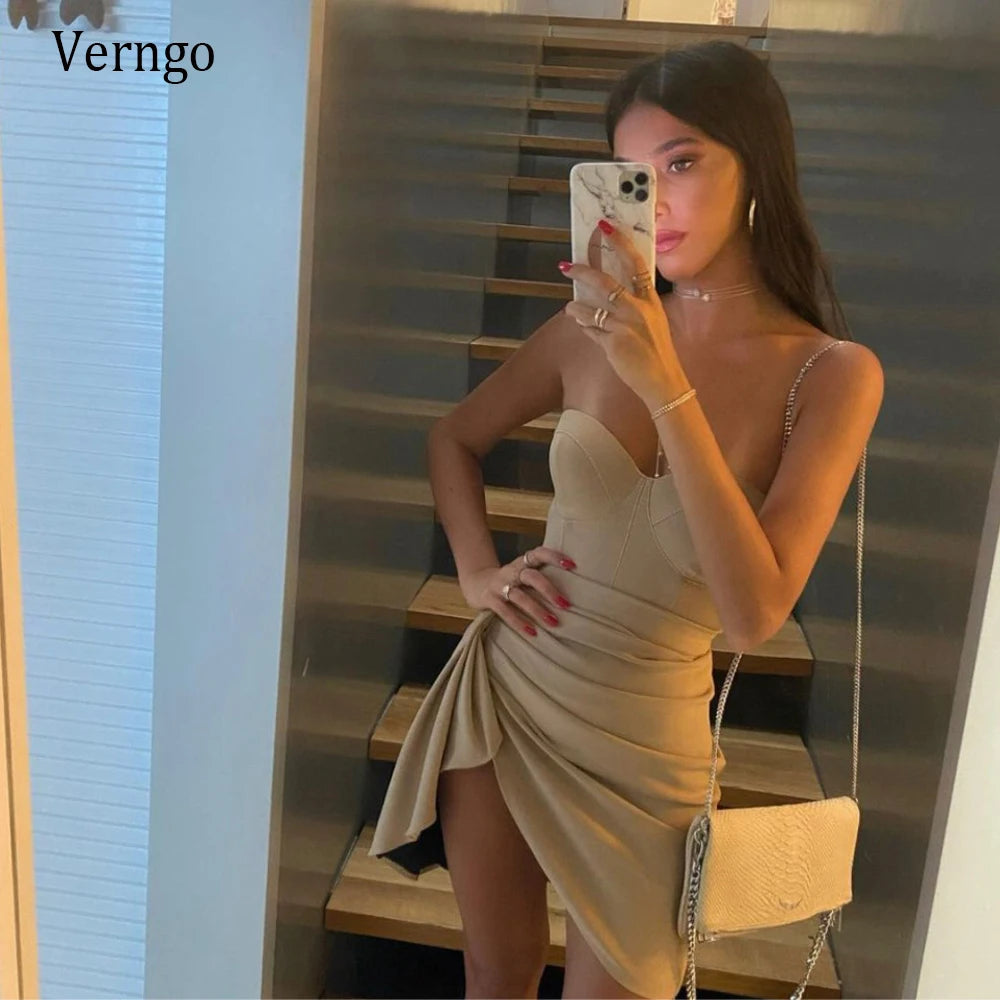 Verngo Simple Champagne Soft Satin Short Evening Party Dresses Sweetheart Pleats Sheath Asymmetric Prom Gowns Lady Customized