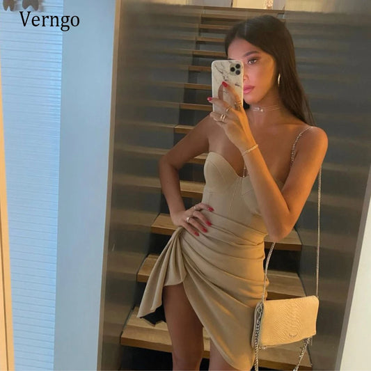 Verngo Simple Champagne Soft Satin Short Evening Party Dresses Sweetheart Pleats Sheath Asymmetric Prom Gowns Lady Customized
