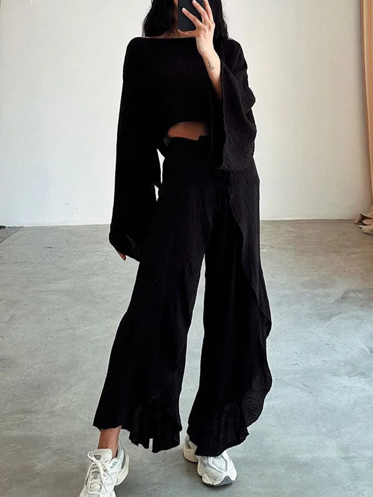 Elastic Waist Harem Pants Loungewear Sets, Women Spring Summer Short Top Loose Outfit, Solid Patchwork Hollow Out Ladies Suits