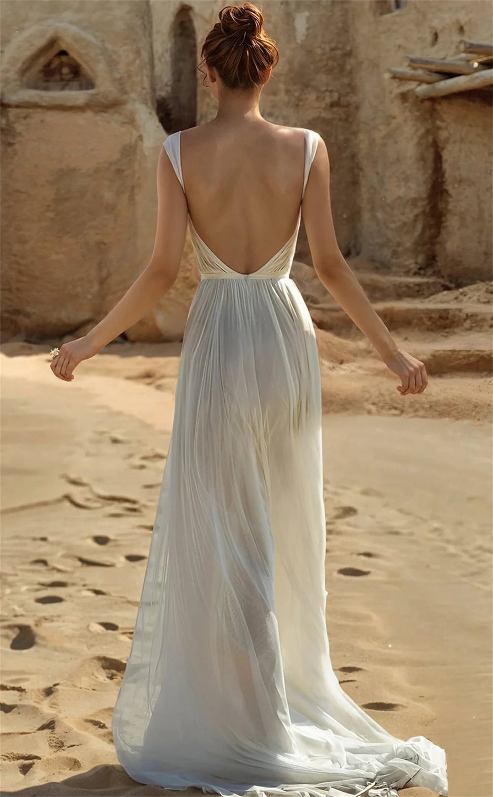 Customized Beige Bow Collar Cut-out Wedding Dress Side High Split Backless vestidos de novia A-line Sleeveless Formal Evening