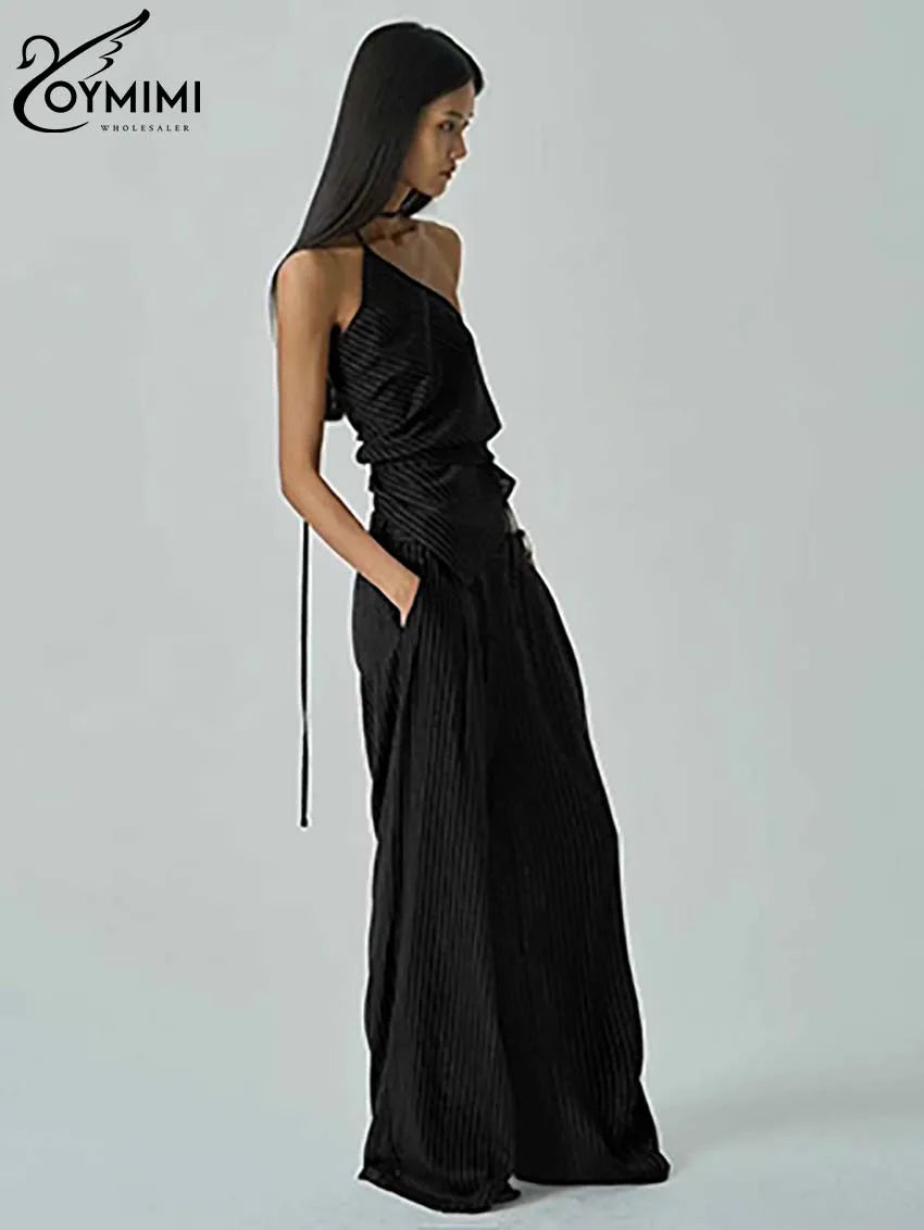 Oymimi Casual Apricot Print Women 2 Piece Set Outfit Fashion Halter Neck Sleeveless Lace-Up Tops And Straight Pockets Pants Sets