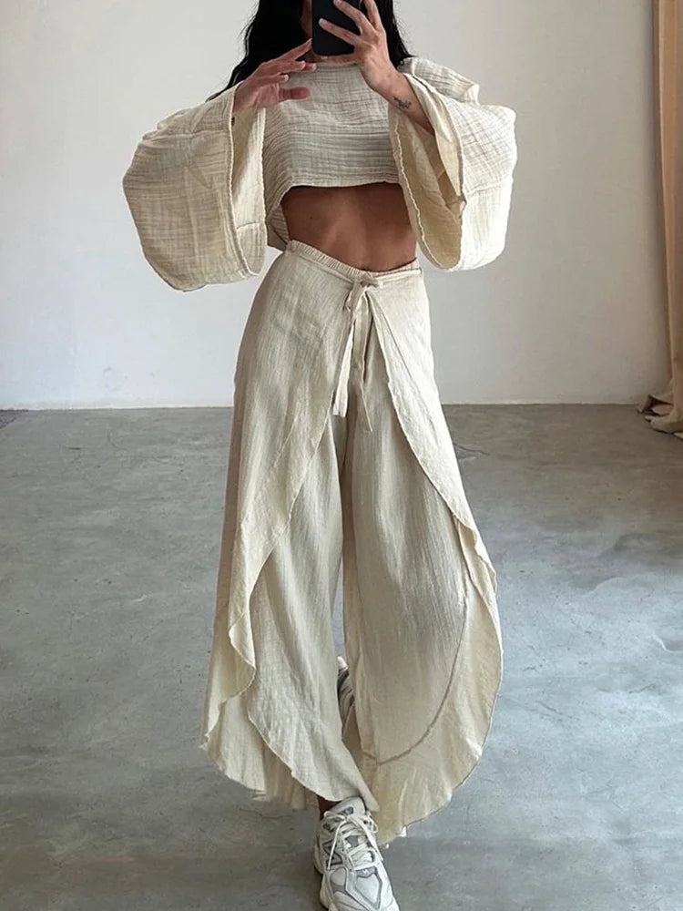 Elastic Waist Harem Pants Loungewear Sets, Women Spring Summer Short Top Loose Outfit, Solid Patchwork Hollow Out Ladies Suits