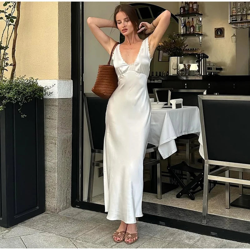 Sexy Lace Tube Long Dress For Women V-neck Sleeveless Backless Draped A-line Robe 2025 Summer Elegant Female New Party Dresses