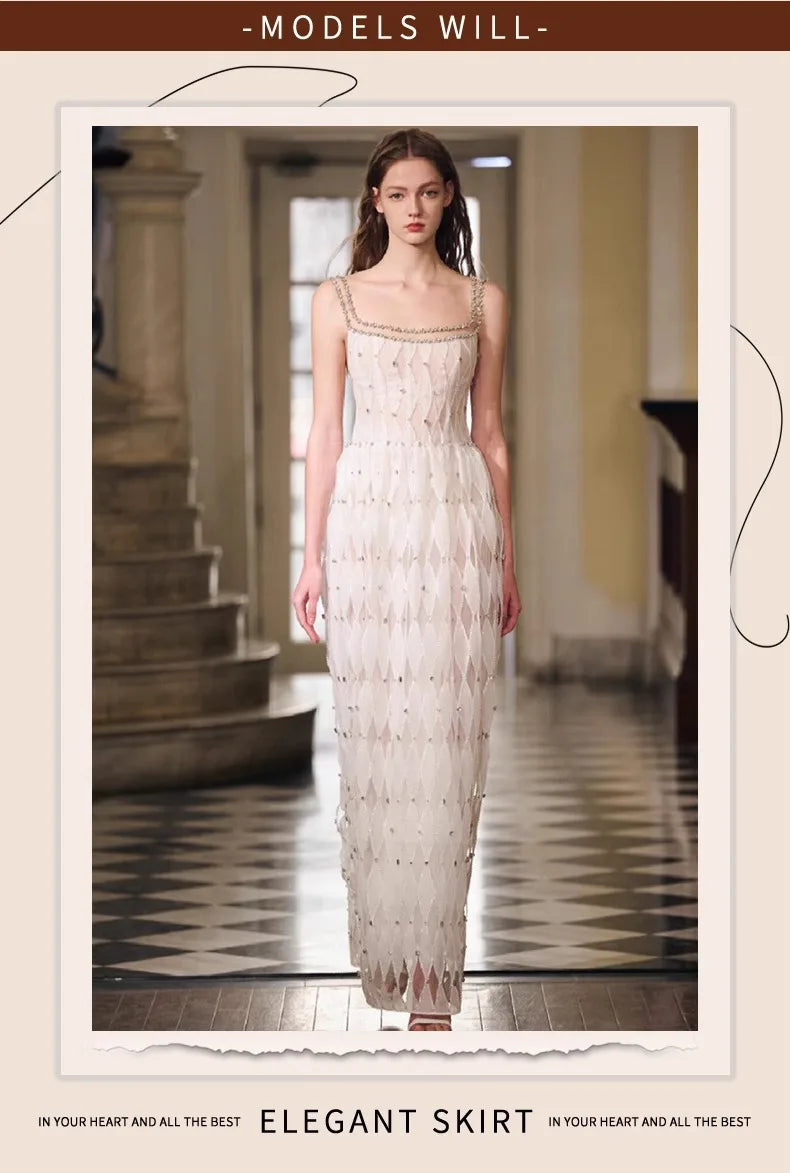 Women Elegant Strapless Vestidos Evening Party Robes French Style Spaghetti Strap Bling Rhinestones Chesongams Lady Sexy Qipao