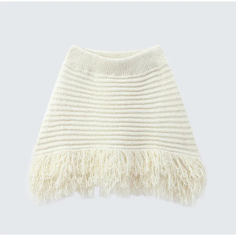 Women Tassels Patchwork Knit Skirt Set Elegant Shell Shape Backless Slim Sling Vest Suits Lady Summer Holiday Street Outfit 2025