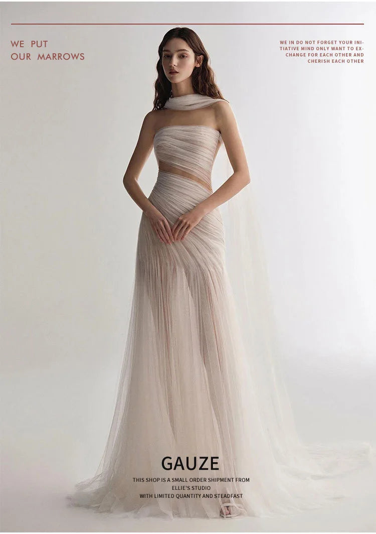 Elegant White Evening Dress A-Line Bandeau Sexy Backless Strapless Sleeveless Pleated Tulle Special Occasion Party Dress
