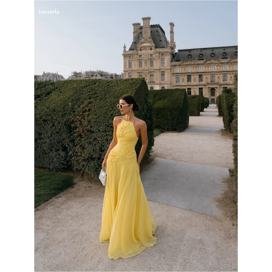 Amanda Customized Yellow Halter Neck 3D Flower Prom Dress Sleeveless A-line vestidos de noche Floor-Length Formal Evening 2025