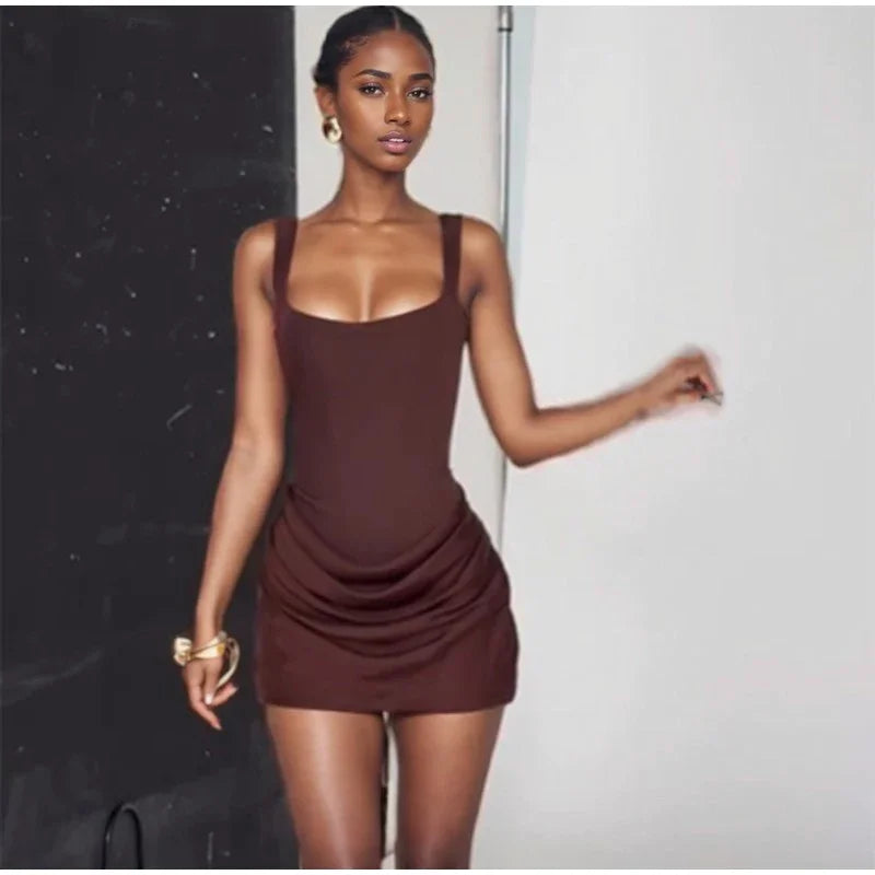 white Wide Strap Pleated Hem Dresses Women's Sexy Sleeveless Slim Fit Mini  Robes 2025 New Lady Summer Holiday Party Vestidos