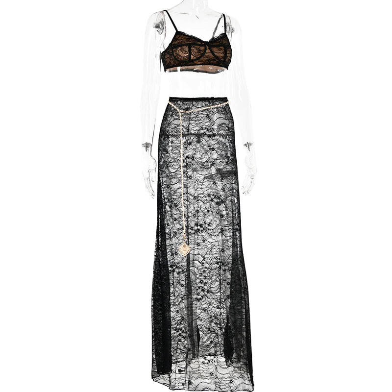Women's Backless Suspender Skirt Two-Piece Sexy Floor Length Long Skirt Set See Through Lace Chain Evening Dress