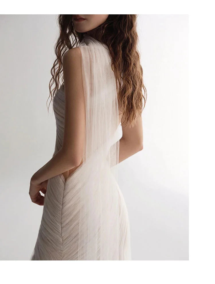 Elegant White Evening Dress A-Line Bandeau Sexy Backless Strapless Sleeveless Pleated Tulle Special Occasion Party Dress