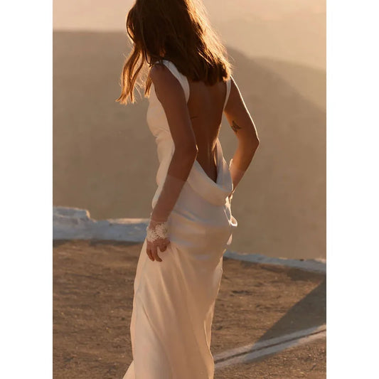 Customized White Scoop Neck Reception Wedding Dress Open Back vestidos de novia Mermaid Sweep Train  Formal Evening 2025