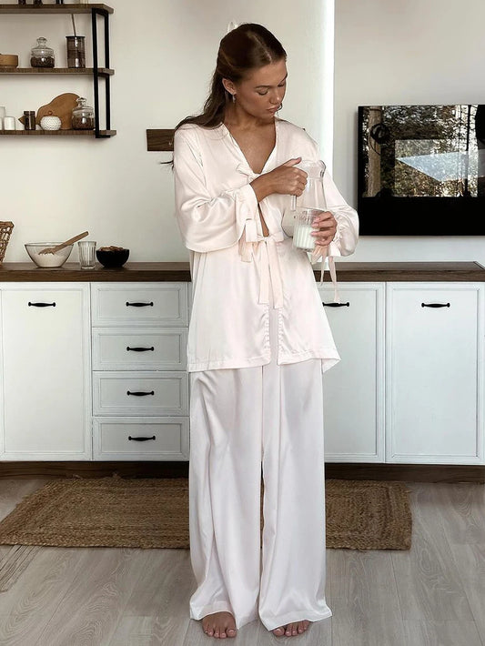 Marthaqiqi Home Clothes Ladies Sexy Turn-Down Collar Sleepwear Long Sleeve Nightgown Lace Up Pajamas Pants Female Sleepwear Suit