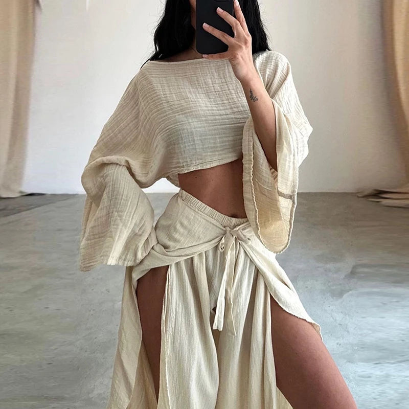 Spring Casual Solid Cotton Linen Suit Summer O Neck Crop Top+Lace-up Ruffle Pants Outfit Sets for Women Flare Sleeve Hollow 2pcs