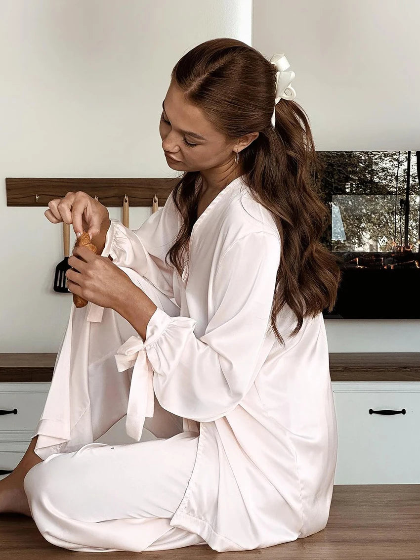 Marthaqiqi Home Clothes Ladies Sexy Turn-Down Collar Sleepwear Long Sleeve Nightgown Lace Up Pajamas Pants Female Sleepwear Suit