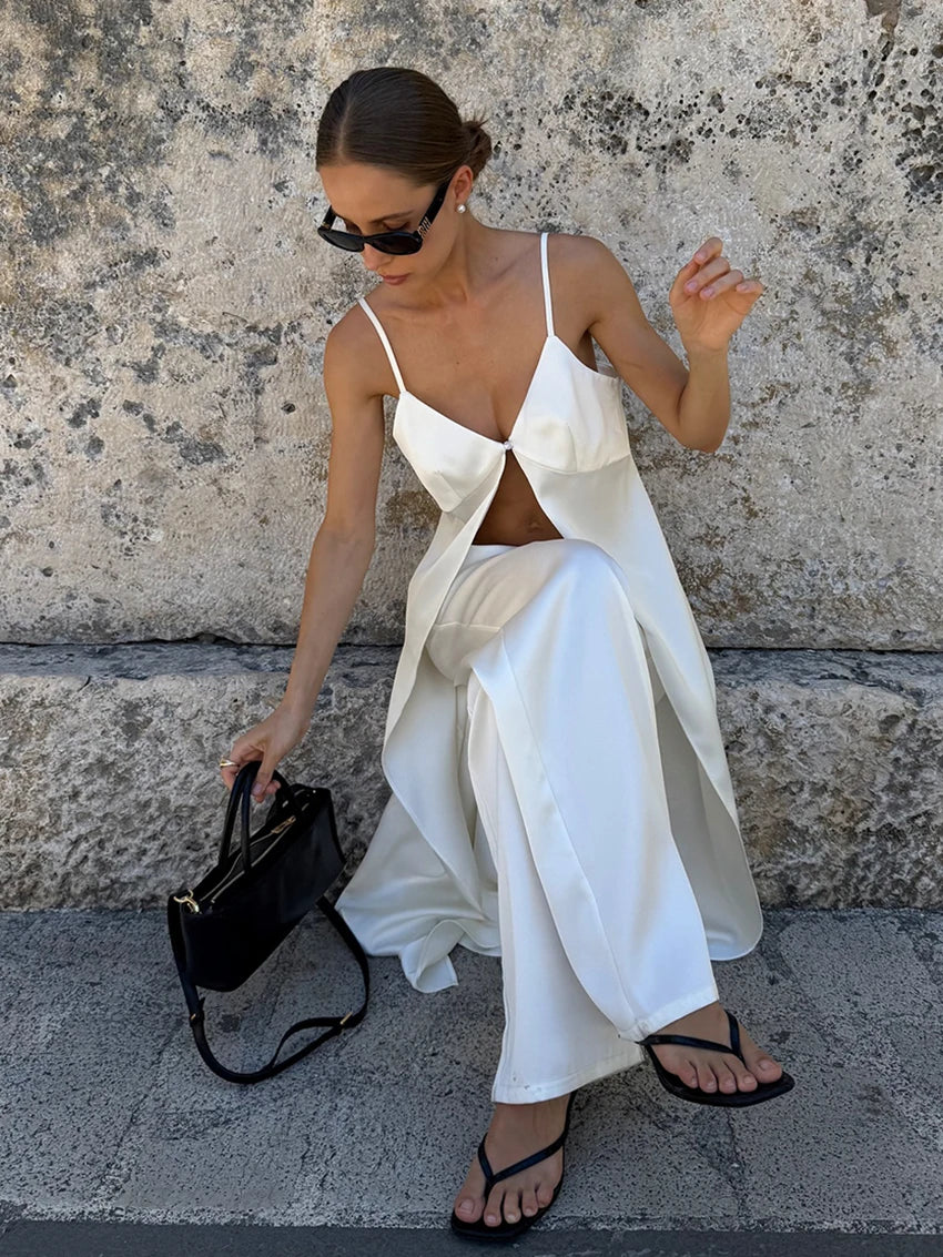 Marthaqiqi Casual Ladies Pajama Set Sexy Spaghetti Strap Sleepwear Sleeveless Nightgowns Tank Top Sleepwear Pants Nightwear Suit