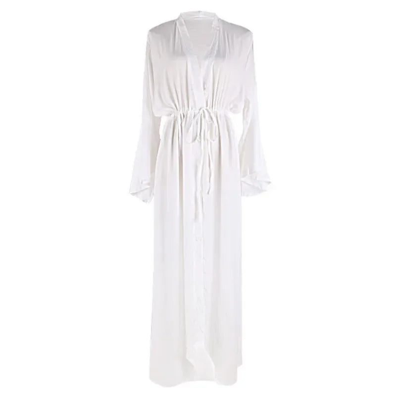 Sexy Beach Long Dress Women Beach Cover Up Tunic Pareo White V Neck Dress Robe Swimwear Cover Up Bikini Beachwear