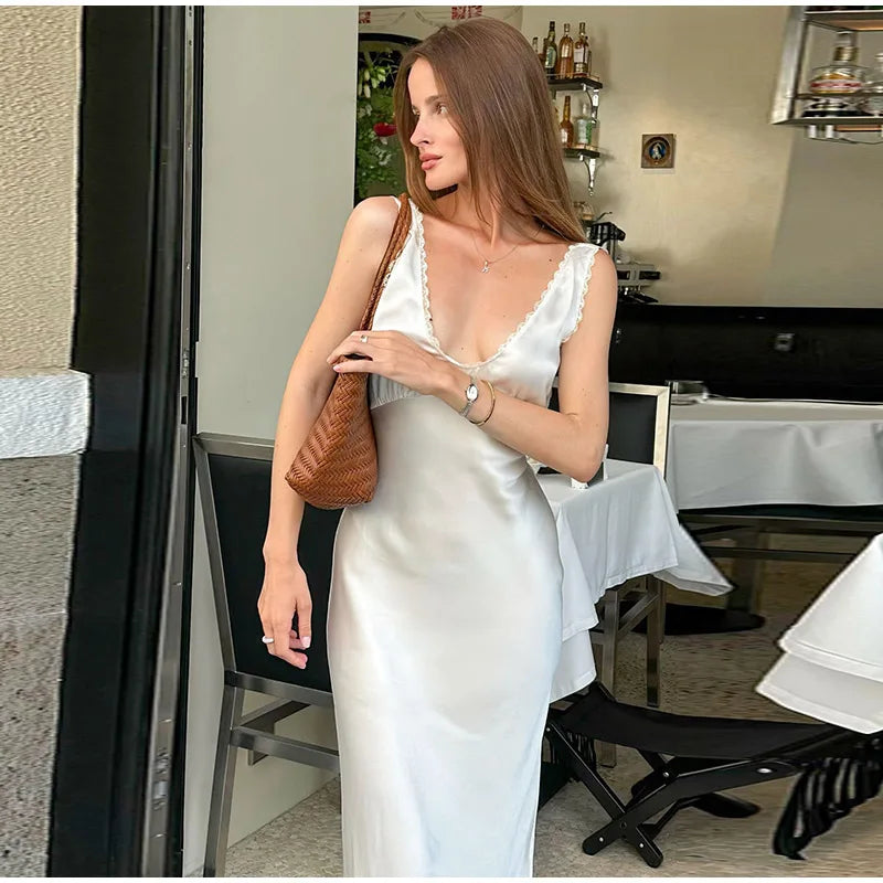 Sexy Lace Tube Long Dress For Women V-neck Sleeveless Backless Draped A-line Robe 2025 Summer Elegant Female New Party Dresses