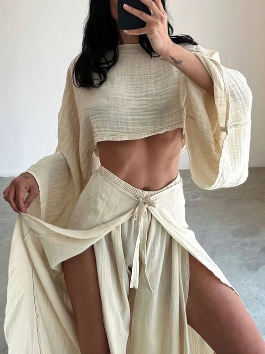 Elastic Waist Harem Pants Loungewear Sets, Women Spring Summer Short Top Loose Outfit, Solid Patchwork Hollow Out Ladies Suits