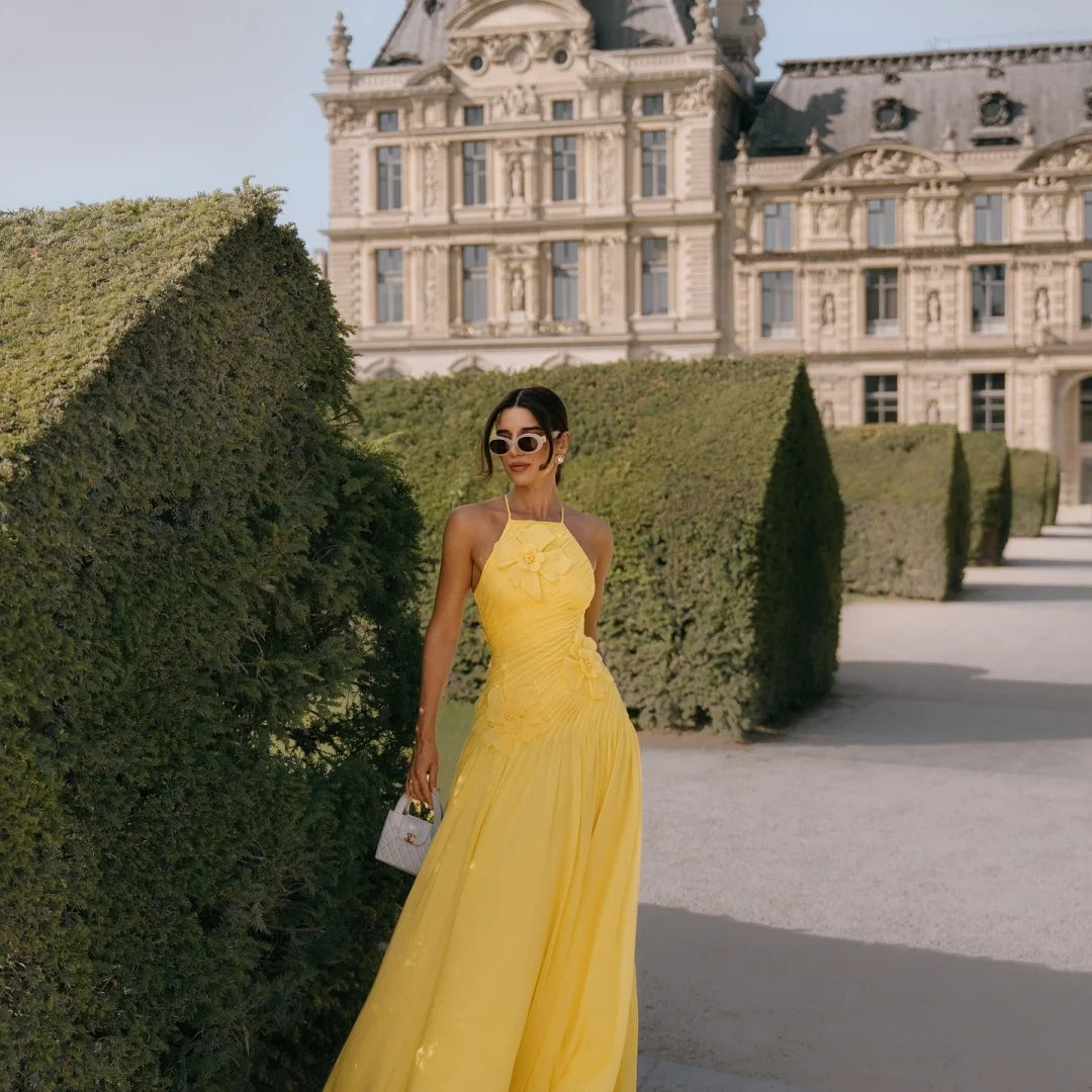 Amanda Customized Yellow Halter Neck 3D Flower Prom Dress Sleeveless A-line vestidos de noche Floor-Length Formal Evening 2025