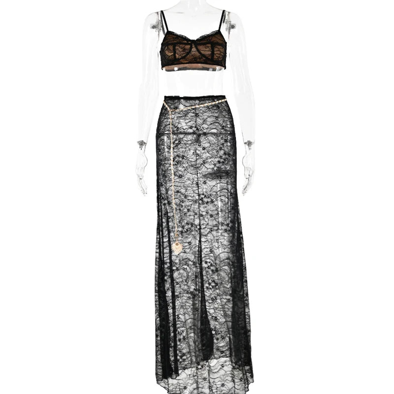 Women's Backless Suspender Skirt Two-Piece Sexy Floor Length Long Skirt Set See Through Lace Chain Evening Dress