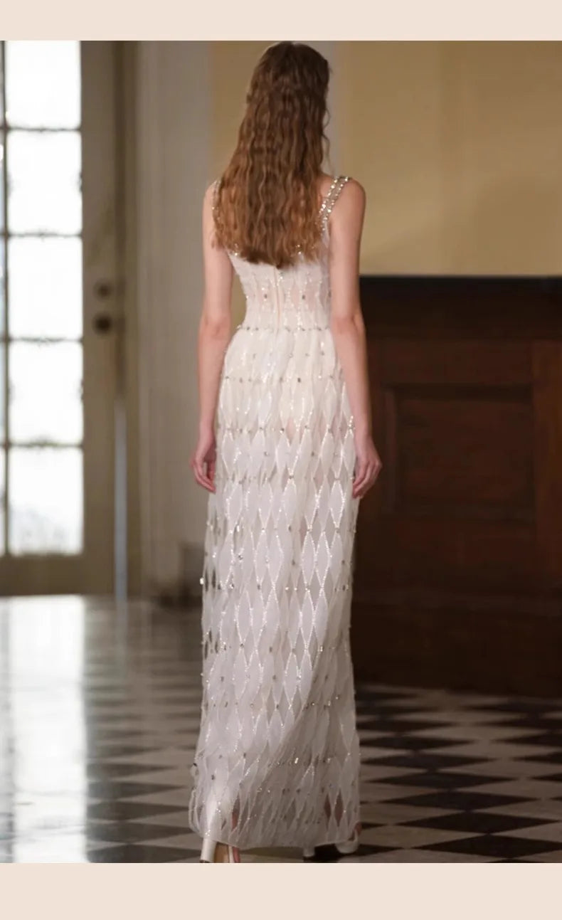 Women Elegant Strapless Vestidos Evening Party Robes French Style Spaghetti Strap Bling Rhinestones Chesongams Lady Sexy Qipao