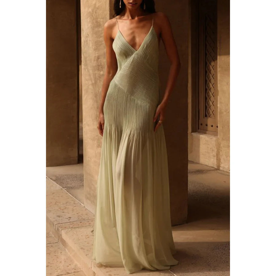 Sexy Dress Women Fashion Vintage Sleeveless Pleats Long Dresses Solid Slim Spaghetti Strap V Neck Split Spring Summer Maxi Dress