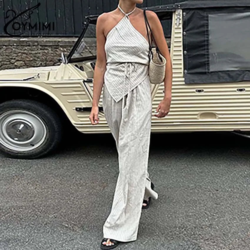 Oymimi Casual Apricot Print Women 2 Piece Set Outfit Fashion Halter Neck Sleeveless Lace-Up Tops And Straight Pockets Pants Sets