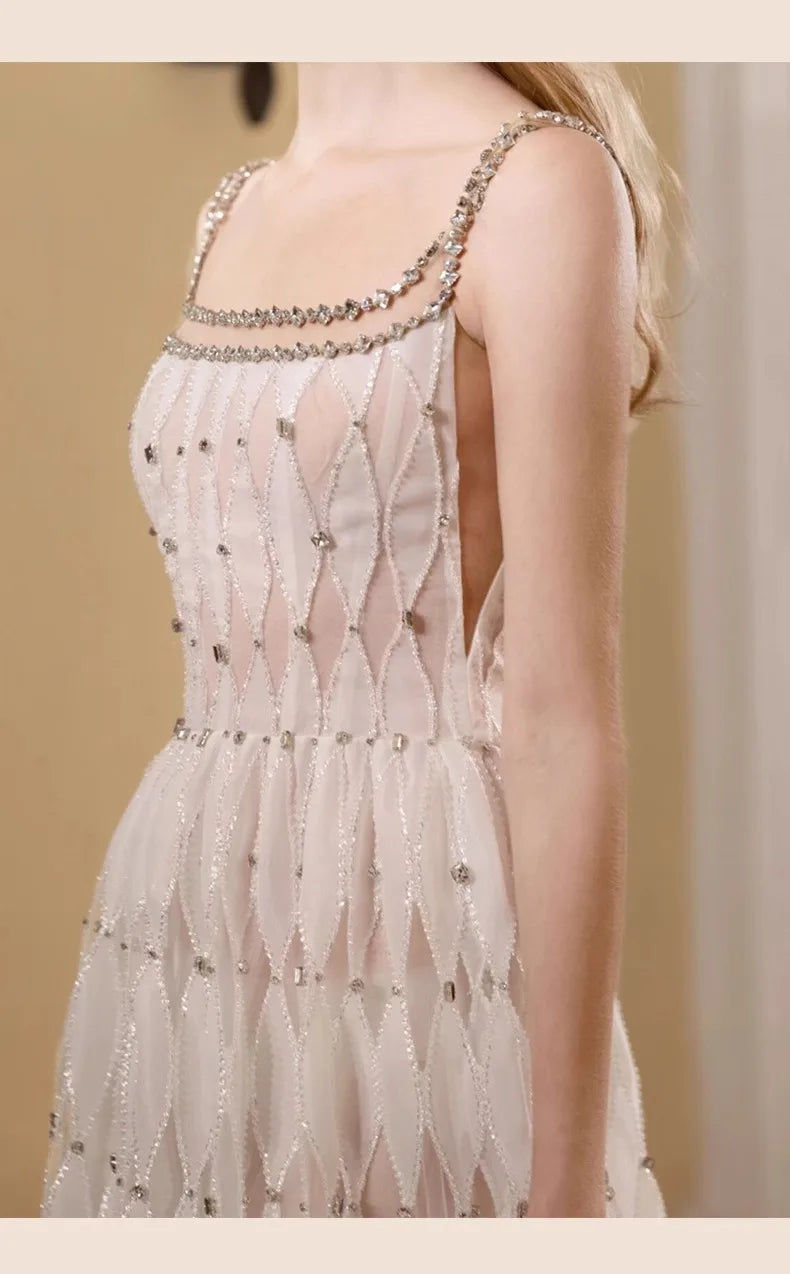 Women Elegant Strapless Vestidos Evening Party Robes French Style Spaghetti Strap Bling Rhinestones Chesongams Lady Sexy Qipao