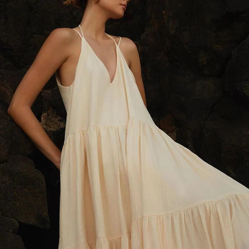 Women Casual Solid Pleat Irregular Long Dress Spring Sexy Double V Neck Backless Hollow Dress Summer Loose Lace-up Sling Dresses