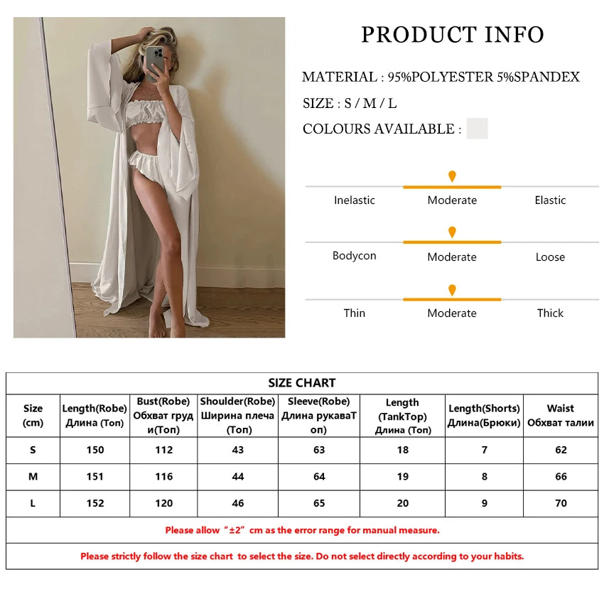 Marthaqiqi Casual Women Sleepwear 3 Piece Suit V-Beck Robe Long Sleeve Bathrobe Pajamas Drawstring Tank Tops Shorts Home Clothes