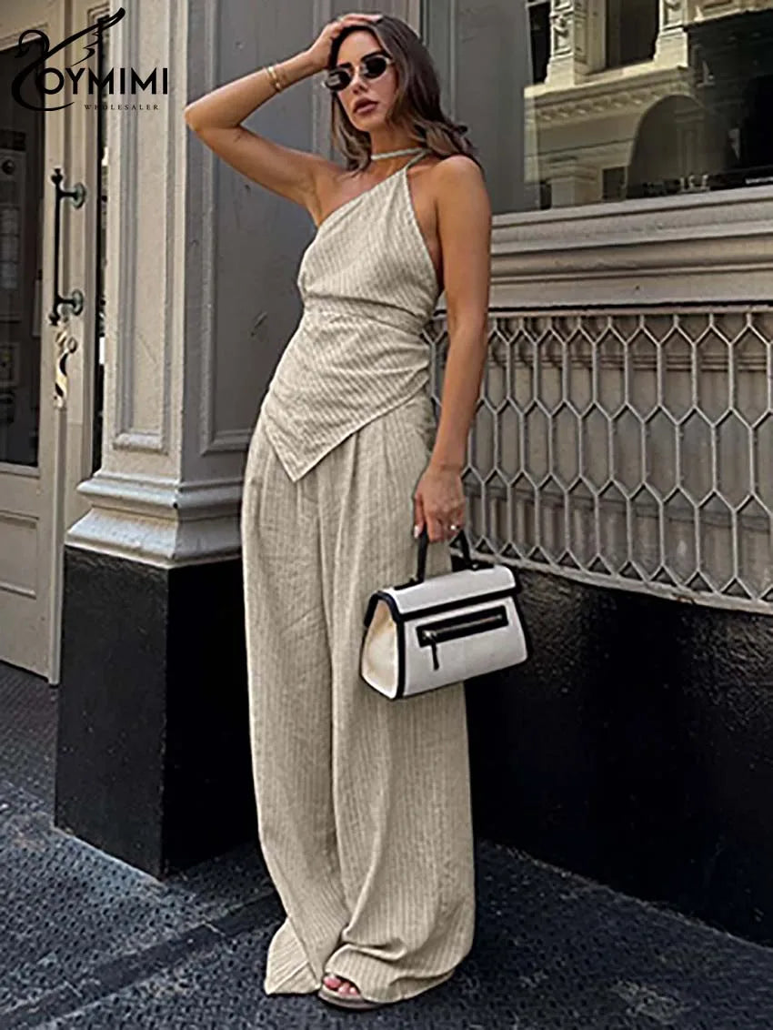 Oymimi Casual Apricot Print Women 2 Piece Set Outfit Fashion Halter Neck Sleeveless Lace-Up Tops And Straight Pockets Pants Sets