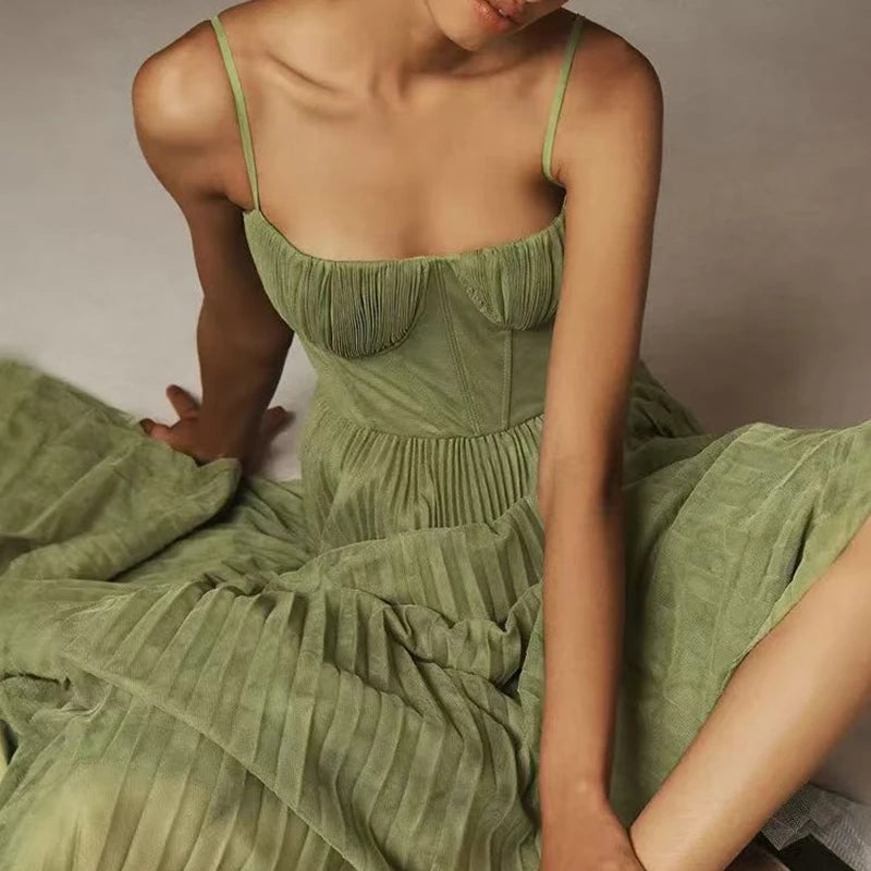 Female Hollow Backless Bridesmaid Dress Spring High Street Solid Girdling Pleat Long Dress Elegant Women Solid Tube Tops Dress