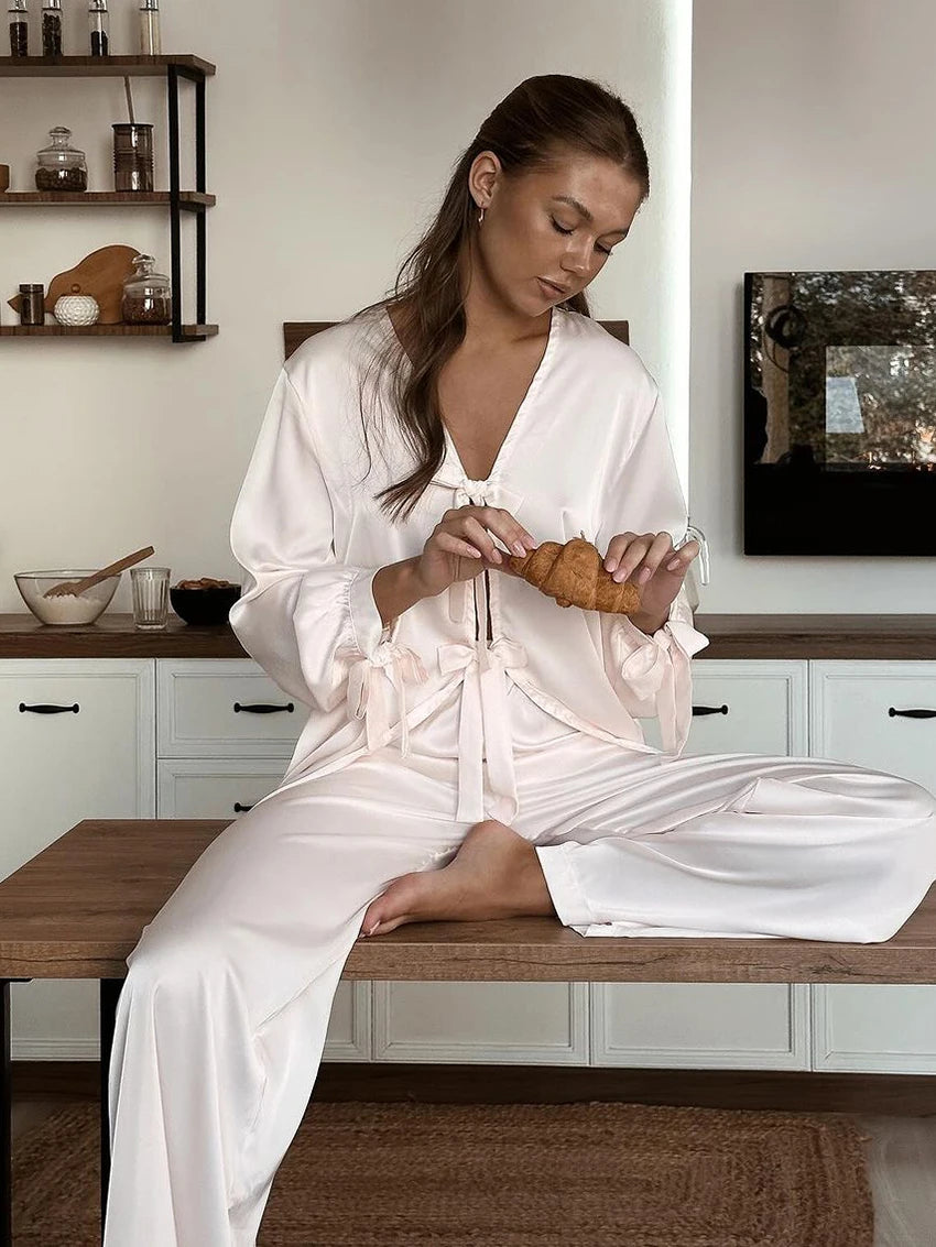 Marthaqiqi Home Clothes Ladies Sexy Turn-Down Collar Sleepwear Long Sleeve Nightgown Lace Up Pajamas Pants Female Sleepwear Suit