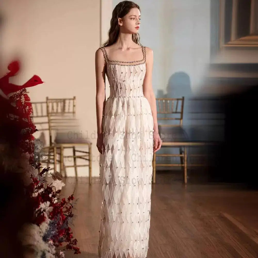 Women Elegant Strapless Vestidos Evening Party Robes French Style Spaghetti Strap Bling Rhinestones Chesongams Lady Sexy Qipao