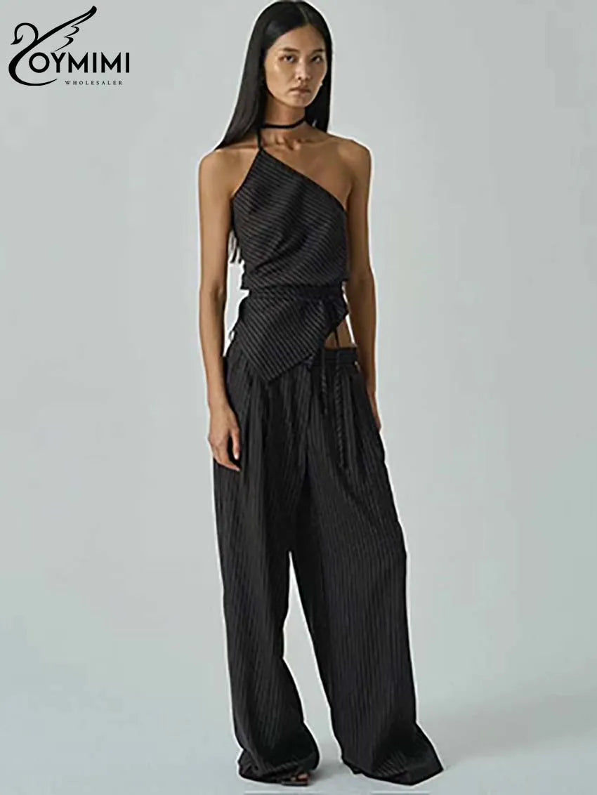 Oymimi Casual Apricot Print Women 2 Piece Set Outfit Fashion Halter Neck Sleeveless Lace-Up Tops And Straight Pockets Pants Sets