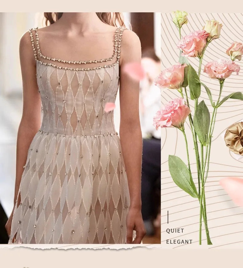 Women Elegant Strapless Vestidos Evening Party Robes French Style Spaghetti Strap Bling Rhinestones Chesongams Lady Sexy Qipao