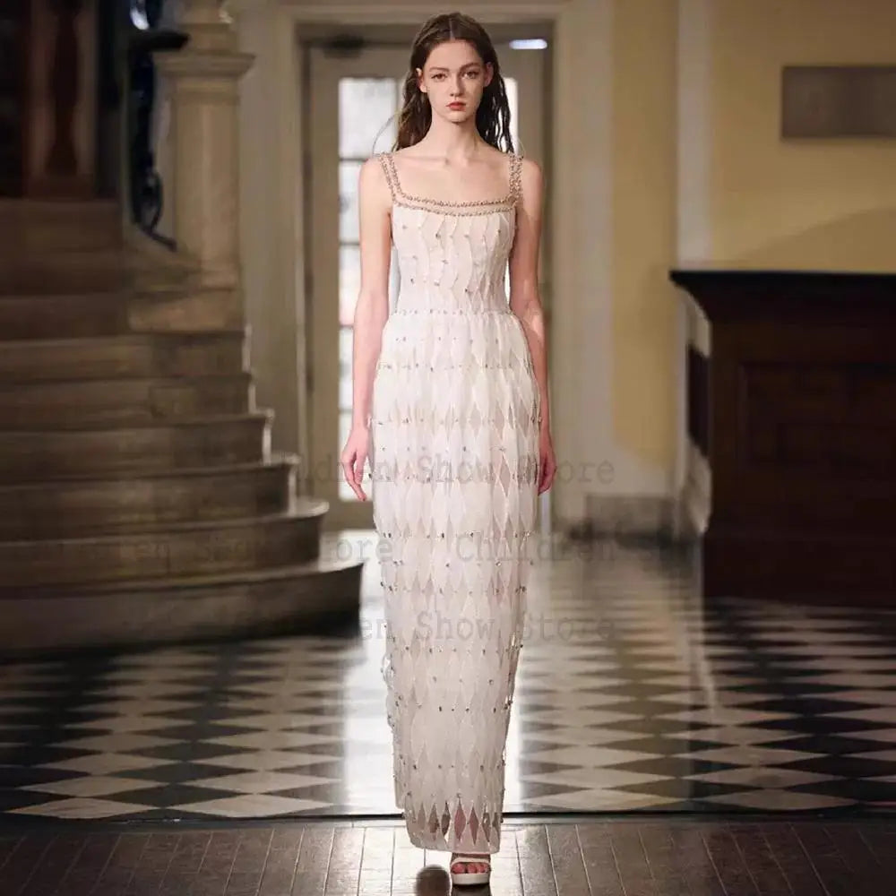 Women Elegant Strapless Vestidos Evening Party Robes French Style Spaghetti Strap Bling Rhinestones Chesongams Lady Sexy Qipao