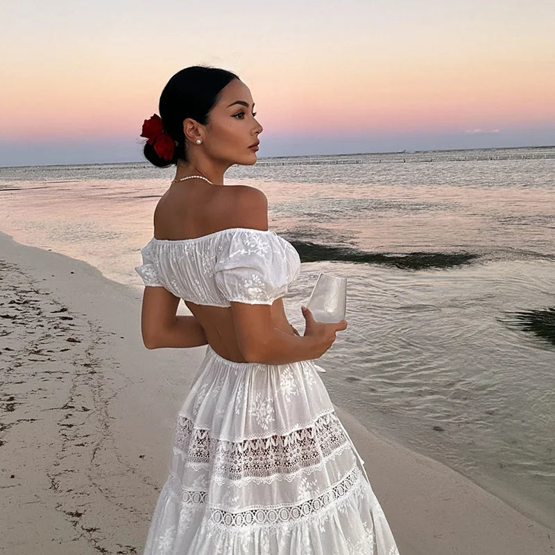 Lace Up Crop Top Skirt Sets For Women Off Shoulder Backless Vestidos Hollow Out Long Skirt 2025 Spring Summer Top Skirt Outfits