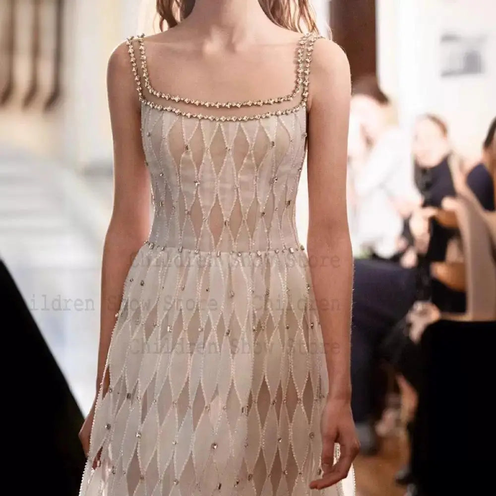 Women Elegant Strapless Vestidos Evening Party Robes French Style Spaghetti Strap Bling Rhinestones Chesongams Lady Sexy Qipao