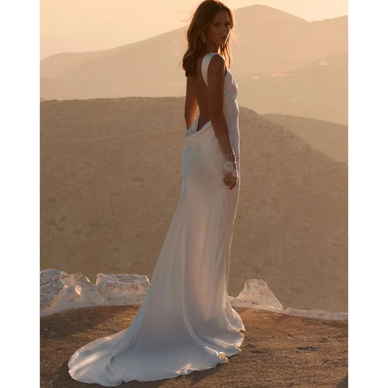 Customized White Scoop Neck Reception Wedding Dress Open Back vestidos de novia Mermaid Sweep Train  Formal Evening 2025