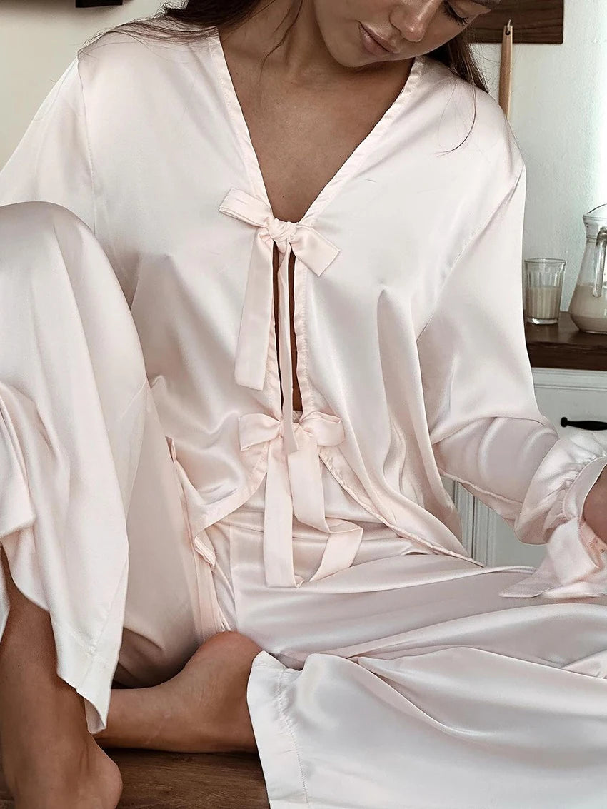 Marthaqiqi Home Clothes Ladies Sexy Turn-Down Collar Sleepwear Long Sleeve Nightgown Lace Up Pajamas Pants Female Sleepwear Suit