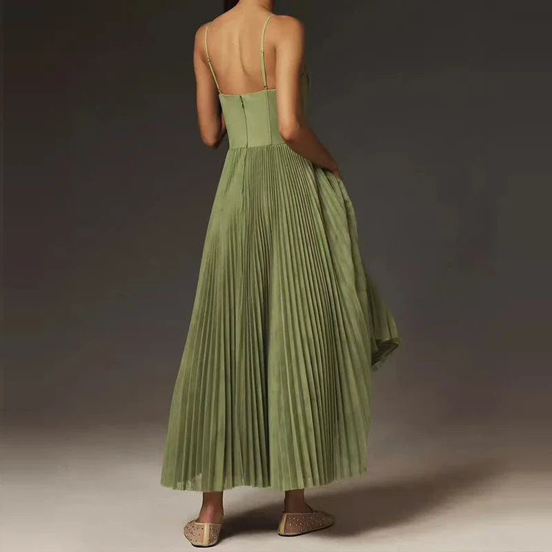 Female Hollow Backless Bridesmaid Dress Spring High Street Solid Girdling Pleat Long Dress Elegant Women Solid Tube Tops Dress