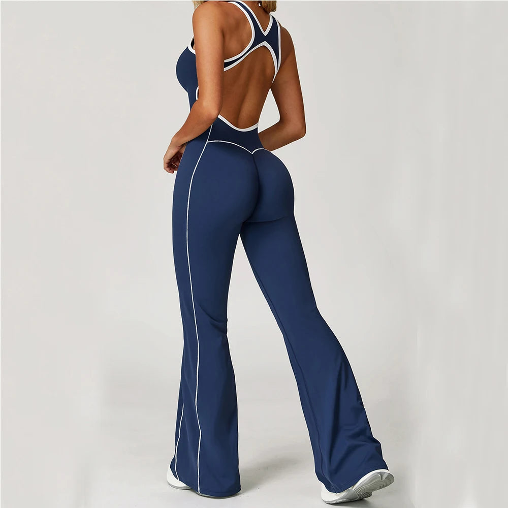 Sexy Backless Bodysuit Women's Set Tracksuits Fitness Sports Jumpsuit Yoga One-piece Suit Flared Pant Fast Dry Workout Clothes