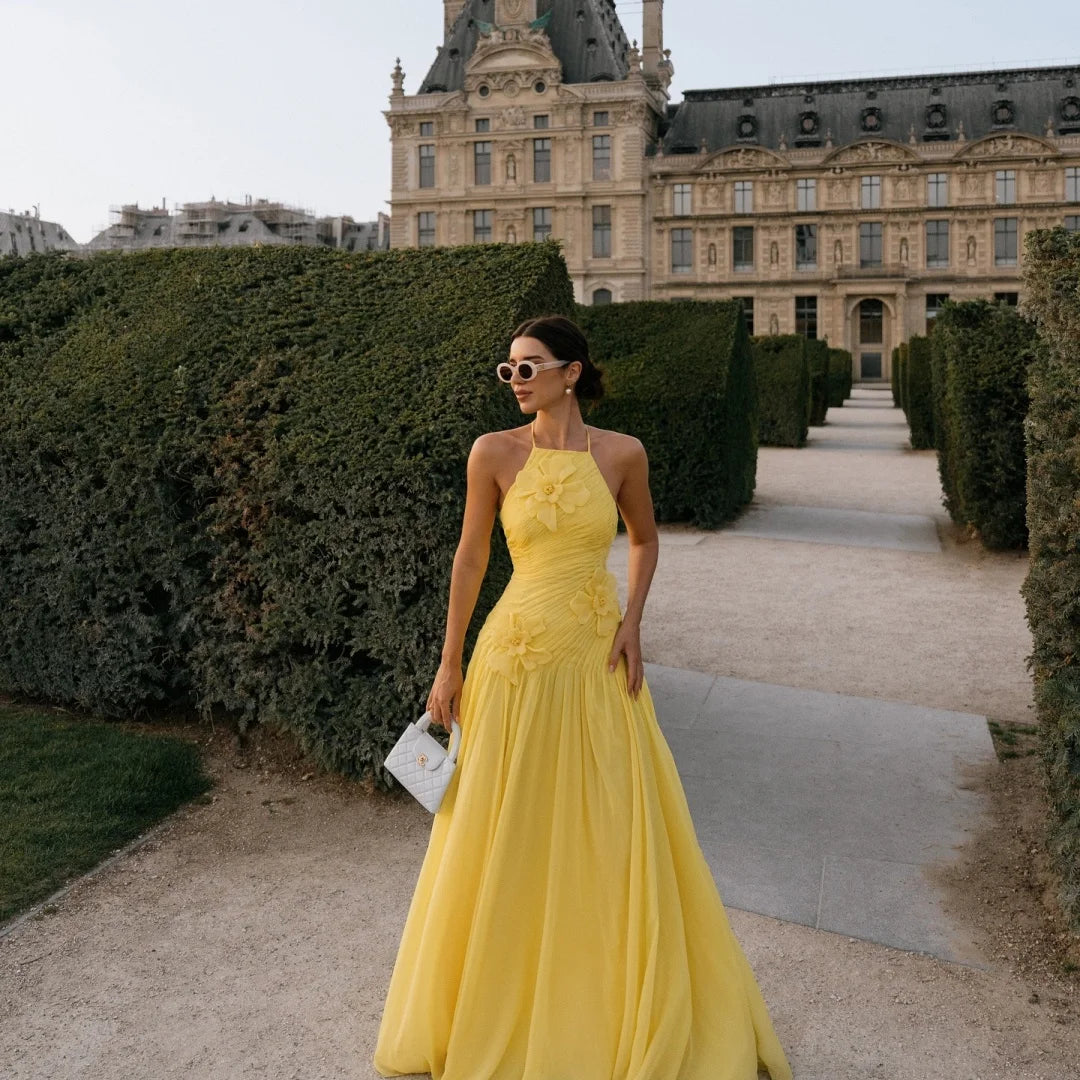 Amanda Customized Yellow Halter Neck 3D Flower Prom Dress Sleeveless A-line vestidos de noche Floor-Length Formal Evening 2025