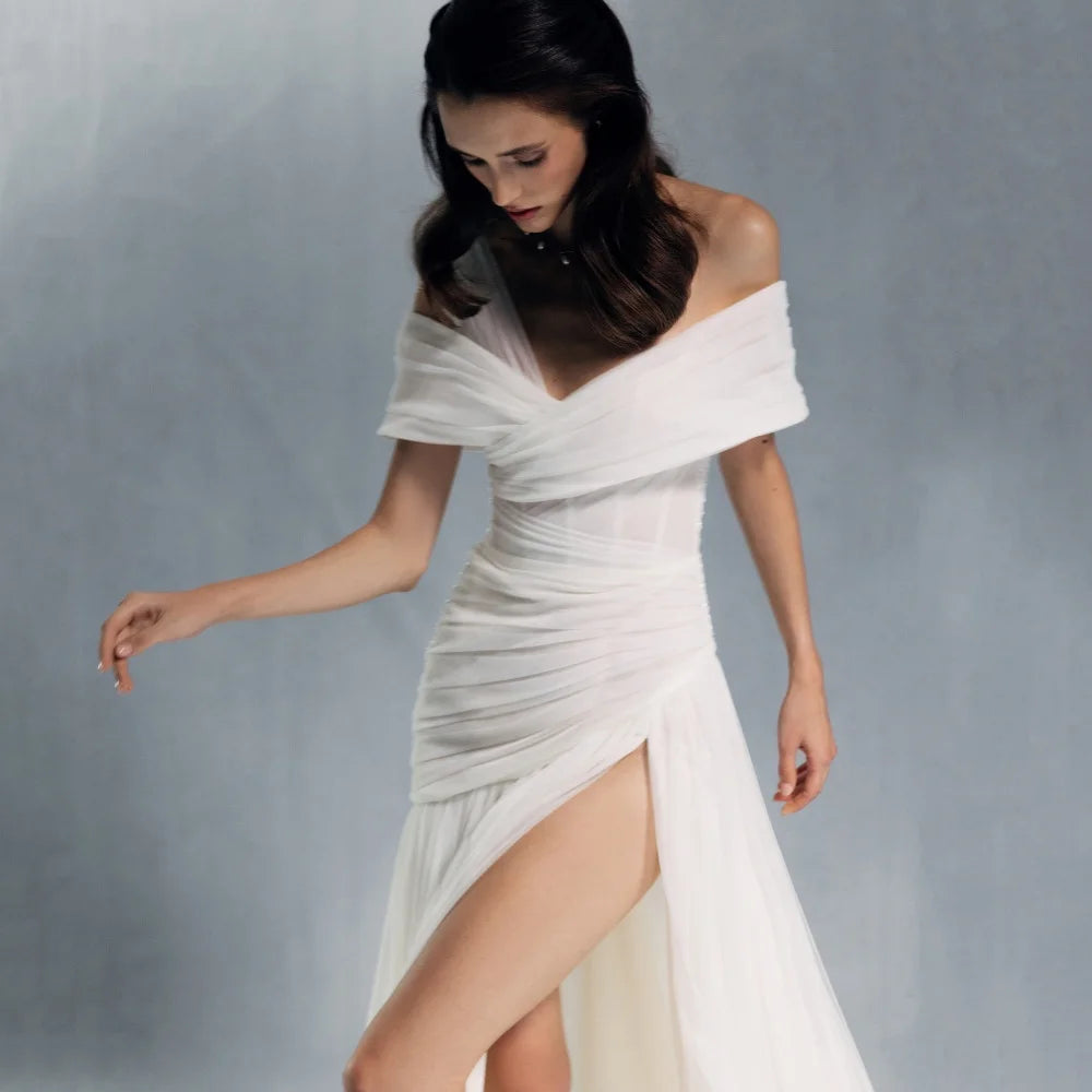 Party Gowns Customized A Line Off Shoulder High Split Prom Dresses Simple Tulle Evening Dress New Arrival 2025 فساتين سهرة