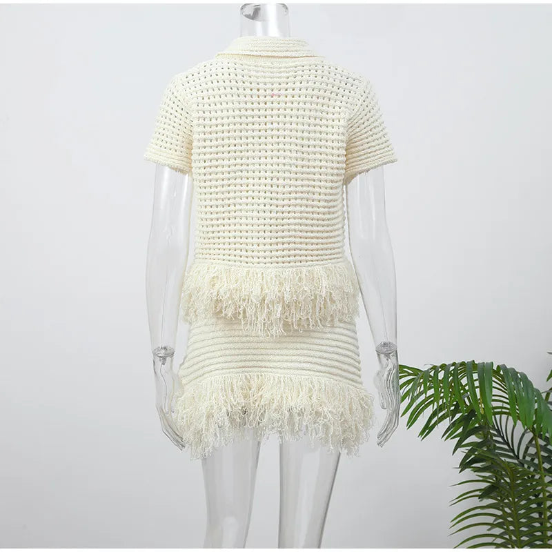 Women Tassels Patchwork Knit Skirt Set Elegant Shell Shape Backless Slim Sling Vest Suits Lady Summer Holiday Street Outfit 2025