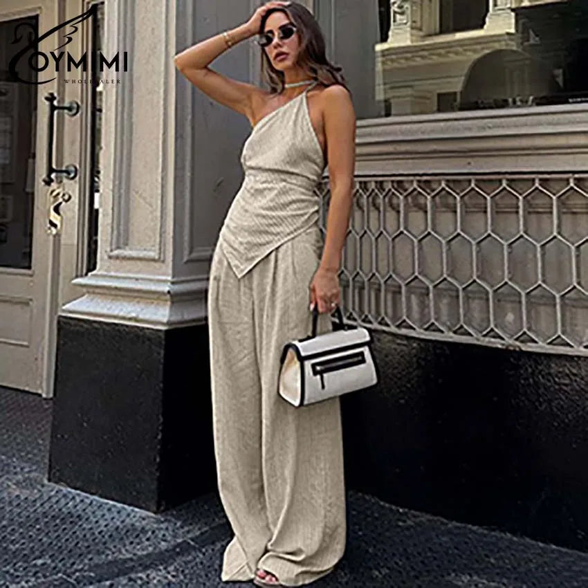 Oymimi Casual Apricot Print Women 2 Piece Set Outfit Fashion Halter Neck Sleeveless Lace-Up Tops And Straight Pockets Pants Sets