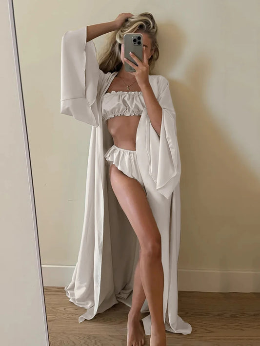 Marthaqiqi Casual Women Sleepwear 3 Piece Suit V-Beck Robe Long Sleeve Bathrobe Pajamas Drawstring Tank Tops Shorts Home Clothes