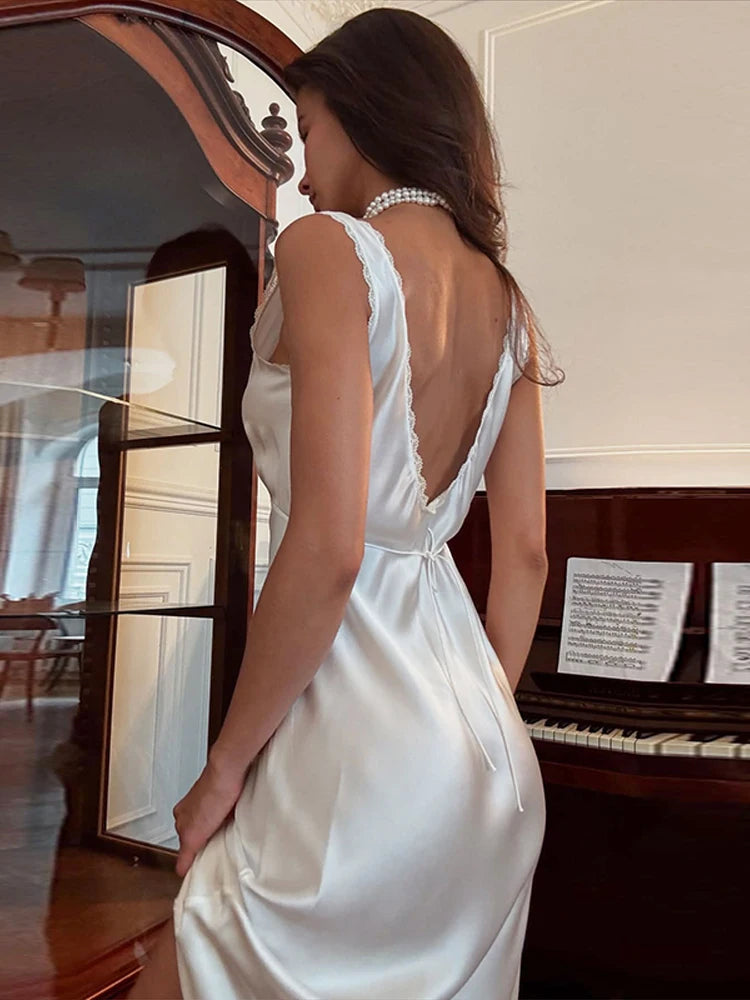 Sexy Lace Tube Long Dress For Women V-neck Sleeveless Backless Draped A-line Robe 2025 Summer Elegant Female New Party Dresses