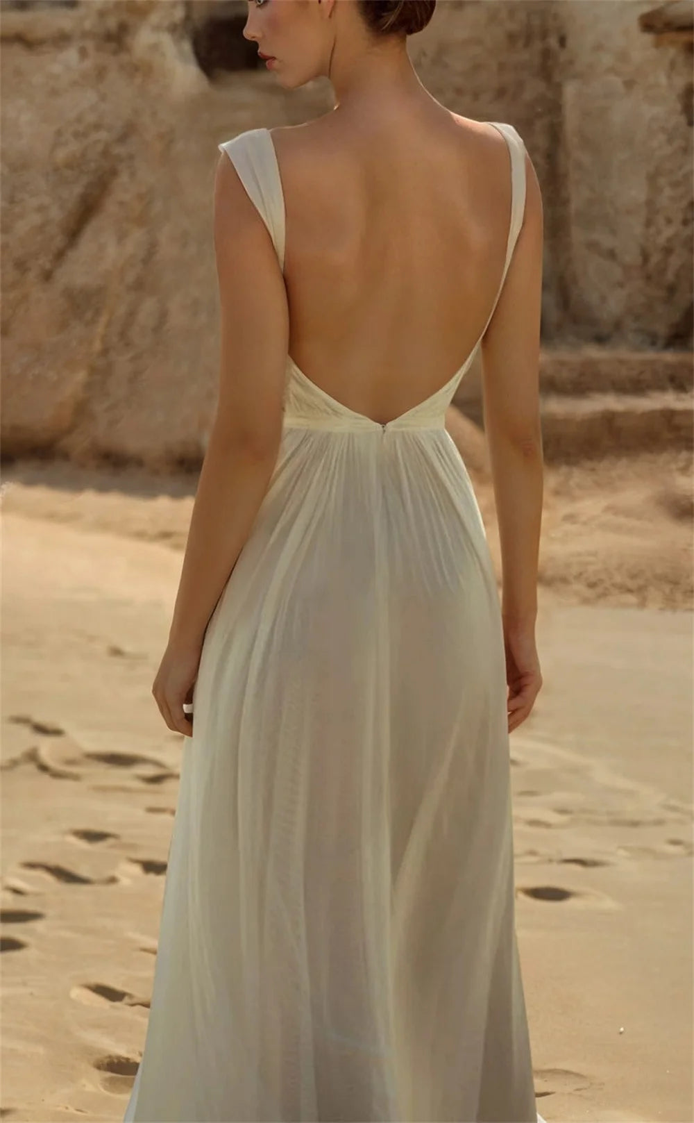 Customized Beige Bow Collar Cut-out Wedding Dress Side High Split Backless vestidos de novia A-line Sleeveless Formal Evening